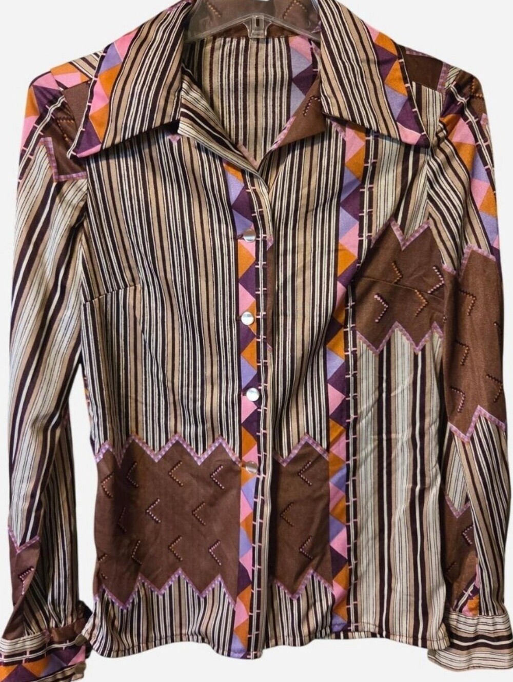 Vintage Shirt 70s Geometric Disco Blouse Dagger Collar Striped Brady Bunch